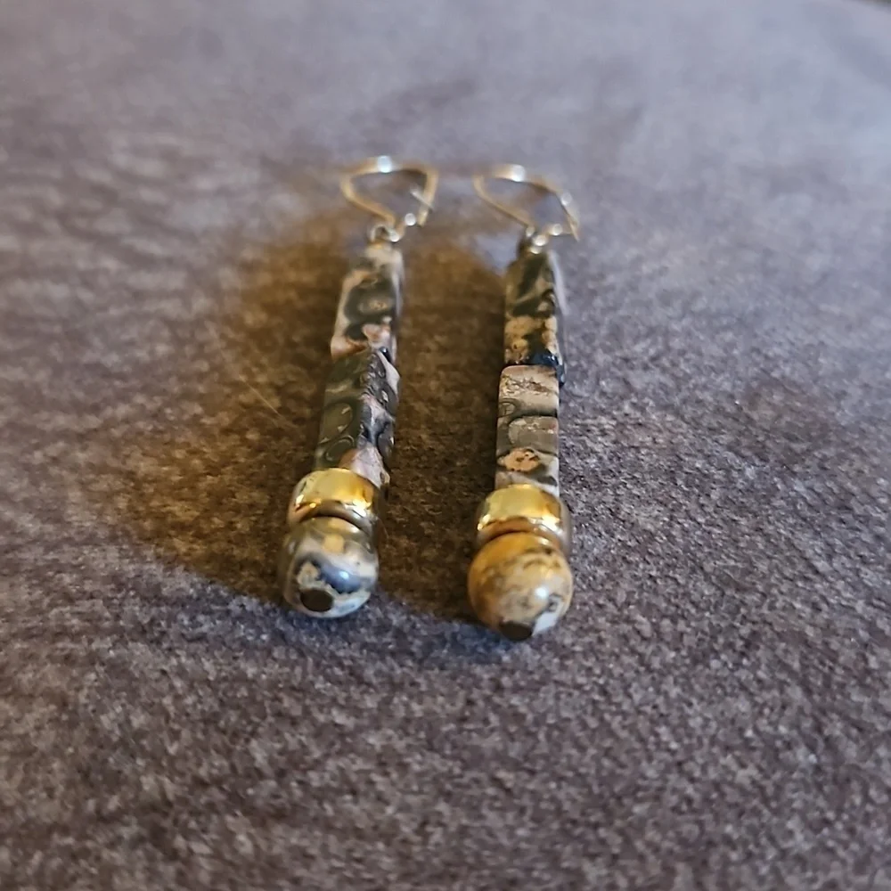 3/$30 HANDMADE Rhodonite Beaded Stick Dangle Hook Earrings